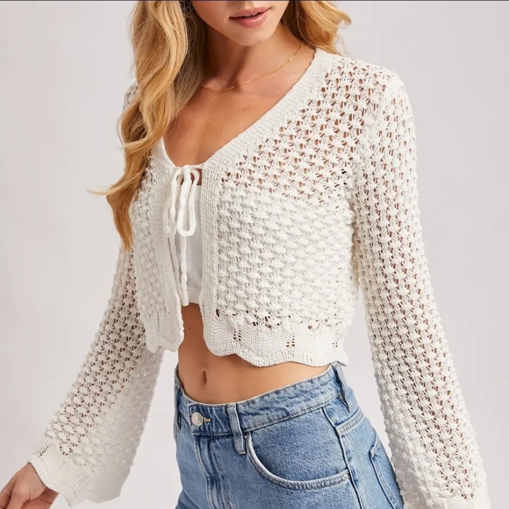 Open Knit Crochet Front-Tie Cropped Cardigan with No Lining